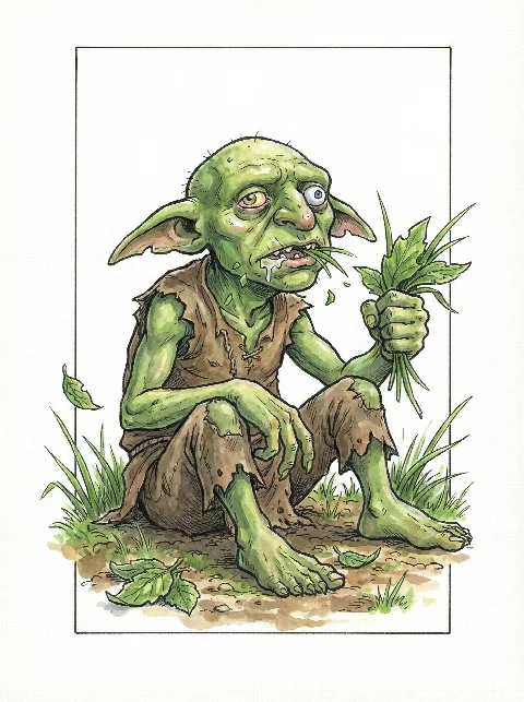 Un goblin accovacciato tra l'erba