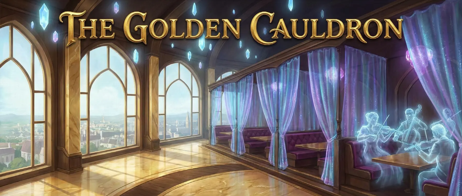 La sala del Golden Cauldron, grandi vetrate sulla città