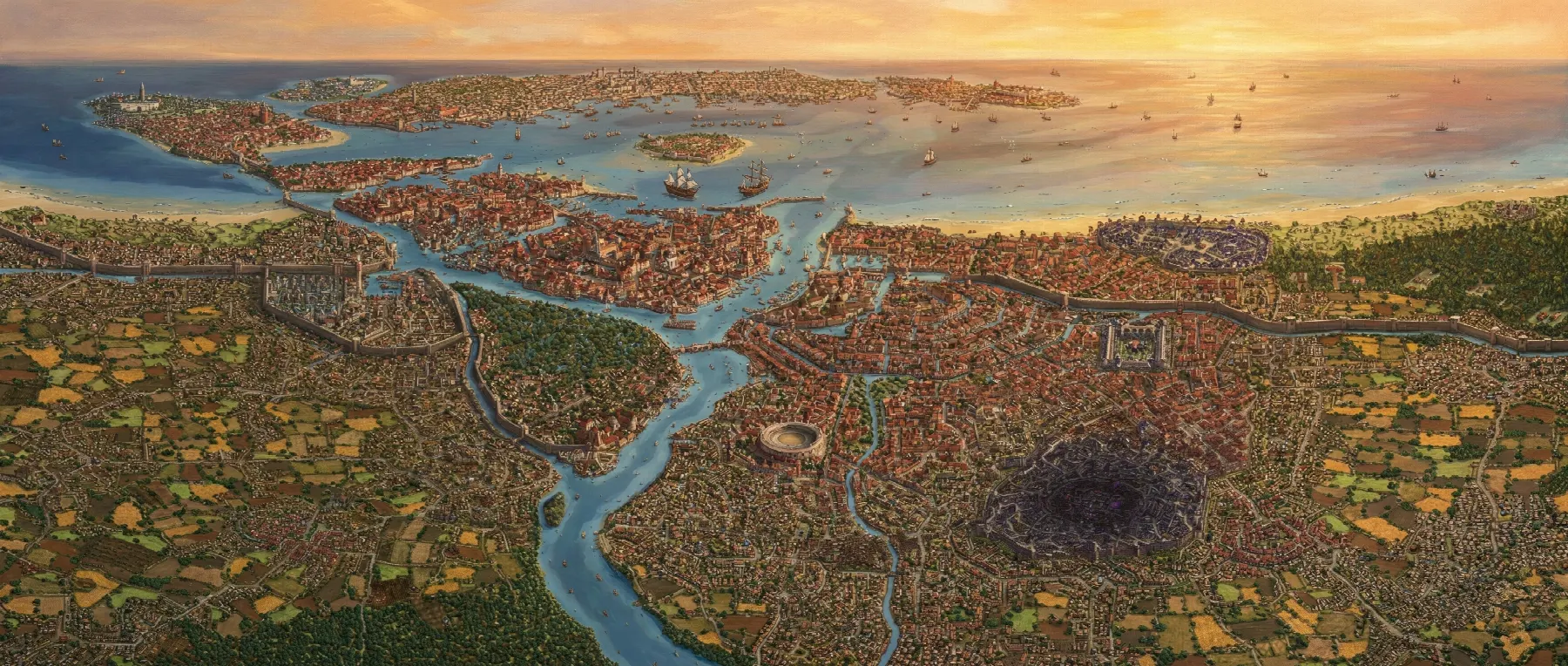 Arkanum dall'alto al tramonto: il fiume, i quartieri, la voragine della Necropoli