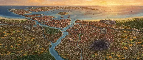 Arkanum dall'alto al tramonto: il fiume, i quartieri, la voragine della Necropoli