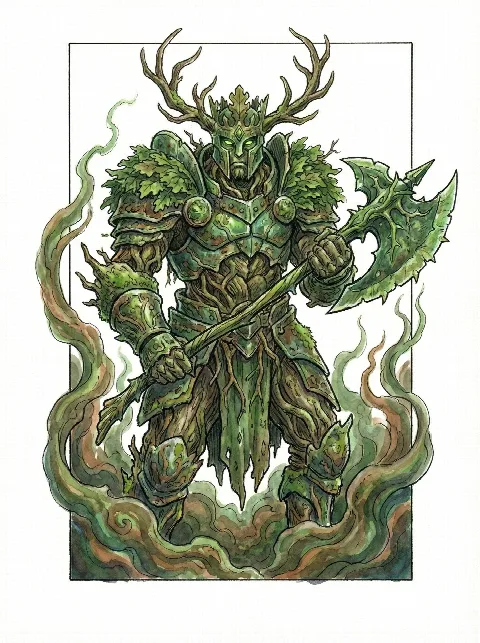 Il Cavaliere Verde, armatura di foglie e corna di cervo, con un'ascia