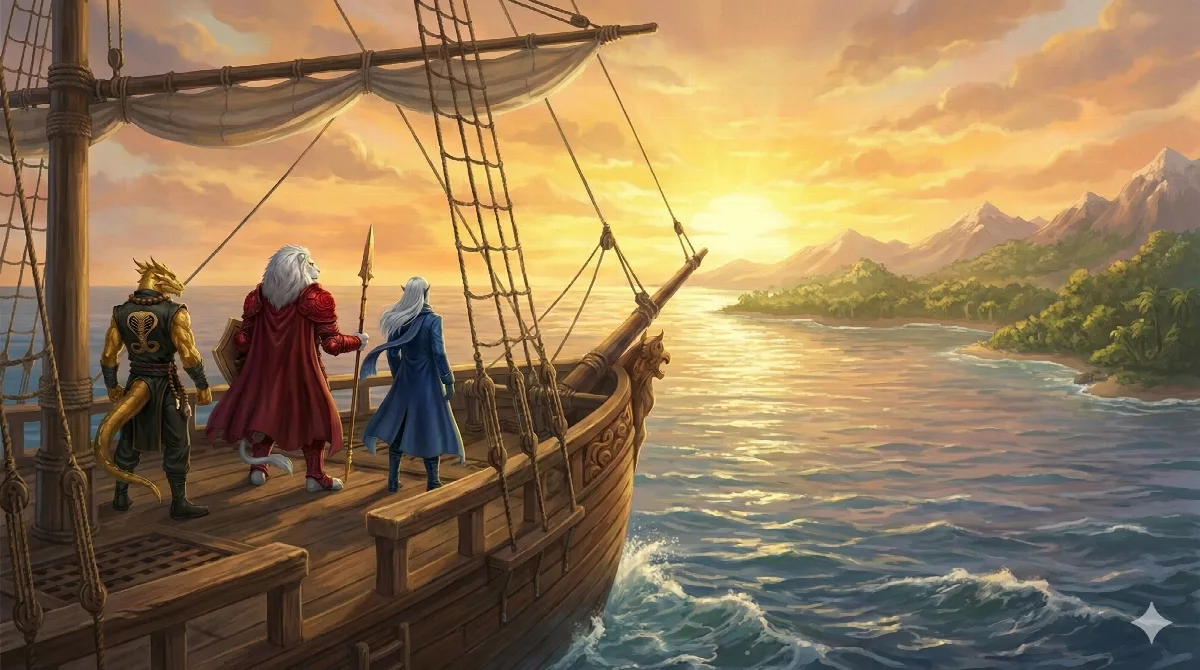 Ikaris, Geeno e Asterion sul ponte di una nave, verso una costa al tramonto